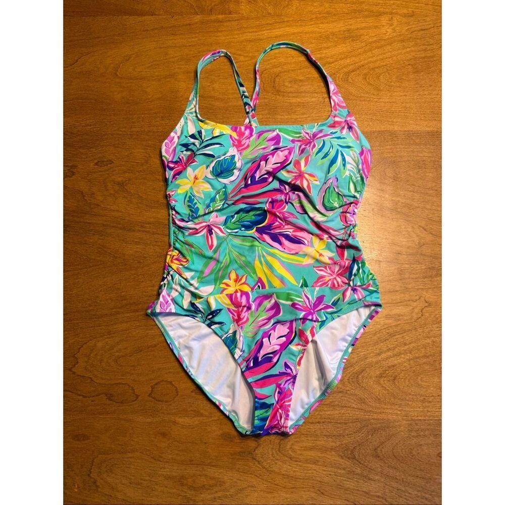 Stella Parker Women's Shirred Island Time One-Piece Swimsuit Green Pink Size XL